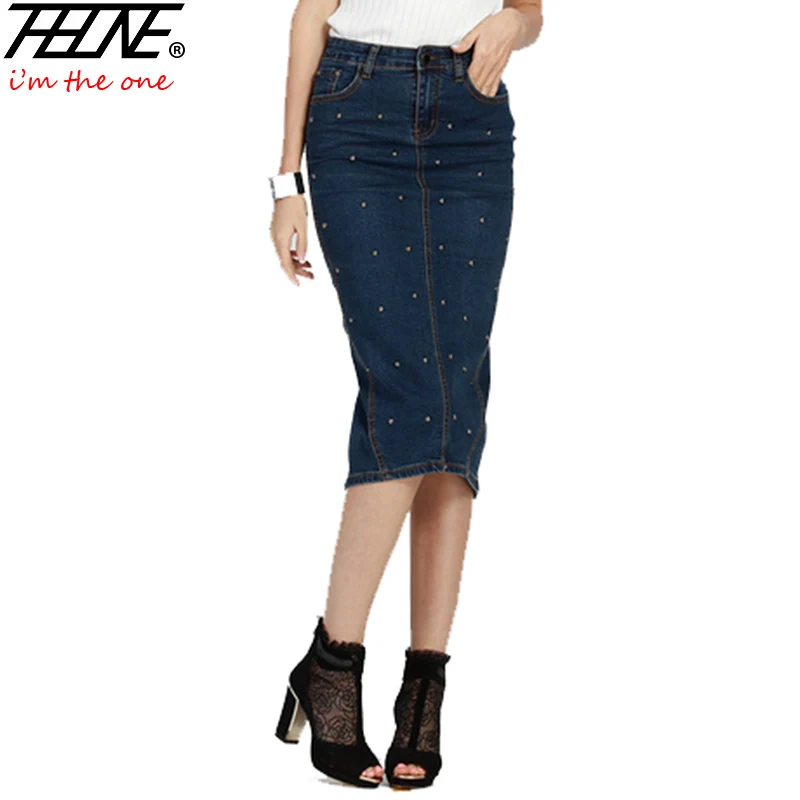 Women's Denim Skirts High Waist Rivet Fashion Long Midi Elastic Split