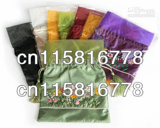 Personalized Wedding Candy Bags Silk Fabric Embroidery Tea Bags Drawstring Pouch 50pcs/lot mix Free