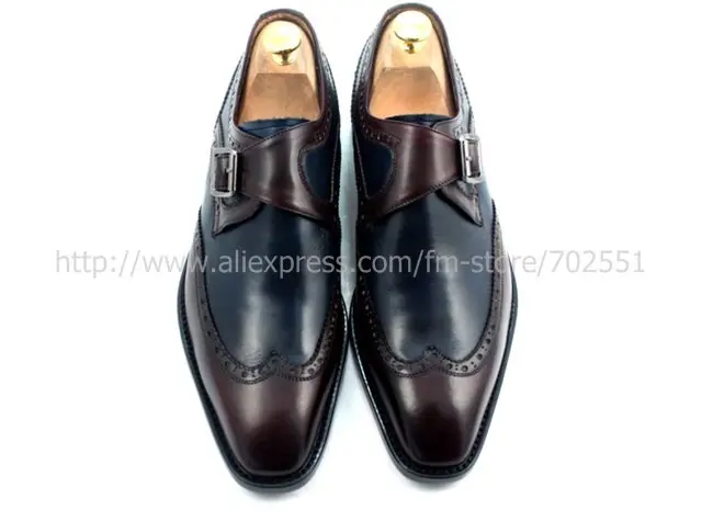 Free shipping custom handmade pure genuine calf leather men's monk straps No.MS33 adhesive craft