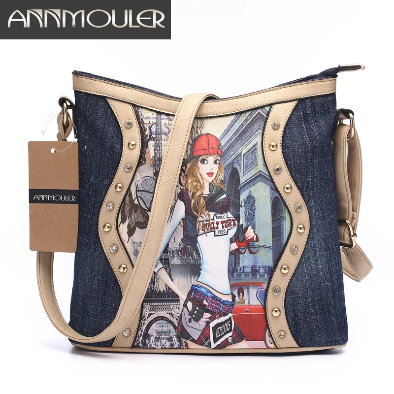 Annmouler نسائية المرقعة السيدات رسول حقائب أزياء الدنيم حقيبة الكتف الكرتون الطباعة crossbody حقيبة سستة Annmouler نسائية المرقعة السيدات رسول حقائب أزياء الدنيم حقيبة الكتف الكرتون الطباعة crossbody حقيبة سستة