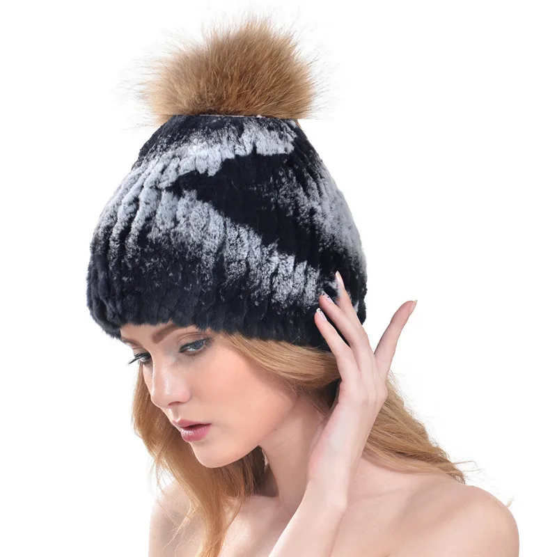 New Fashion Natural Fur Caps Women Real Rex Rabbit Fur Hat With Fur Raccoon Fur Pom Poms Knit Caps LH344