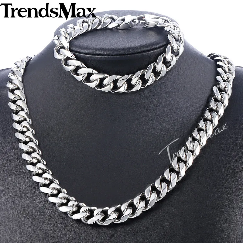 Trendsmax полированный комплект ювелирных изделий мужские цепочки и ожерелья Браслет 316L нержавеющая сталь цепь серебряный тон Снаряженная кубинская ссылка HS43