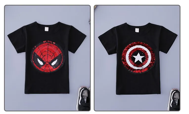 Changing color spiderman Captain America switchable sequins boys T-shirts kid fashion t shirt children tops clothes