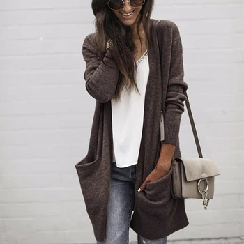 

Women's Casual Solid Color Autumn Long Sleeve Open Front Knit Cardigan Coat