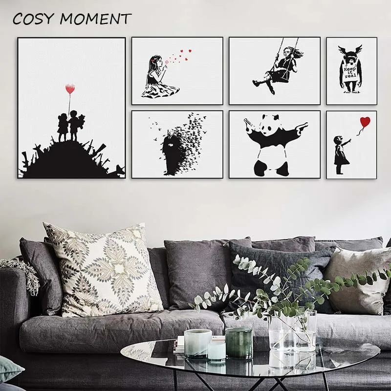 

COSY MOMENT Abstract Minimalist Canvas Painting Nordic Poster Black and White Banksy Balloon Girl Canvas Picture for Living Room