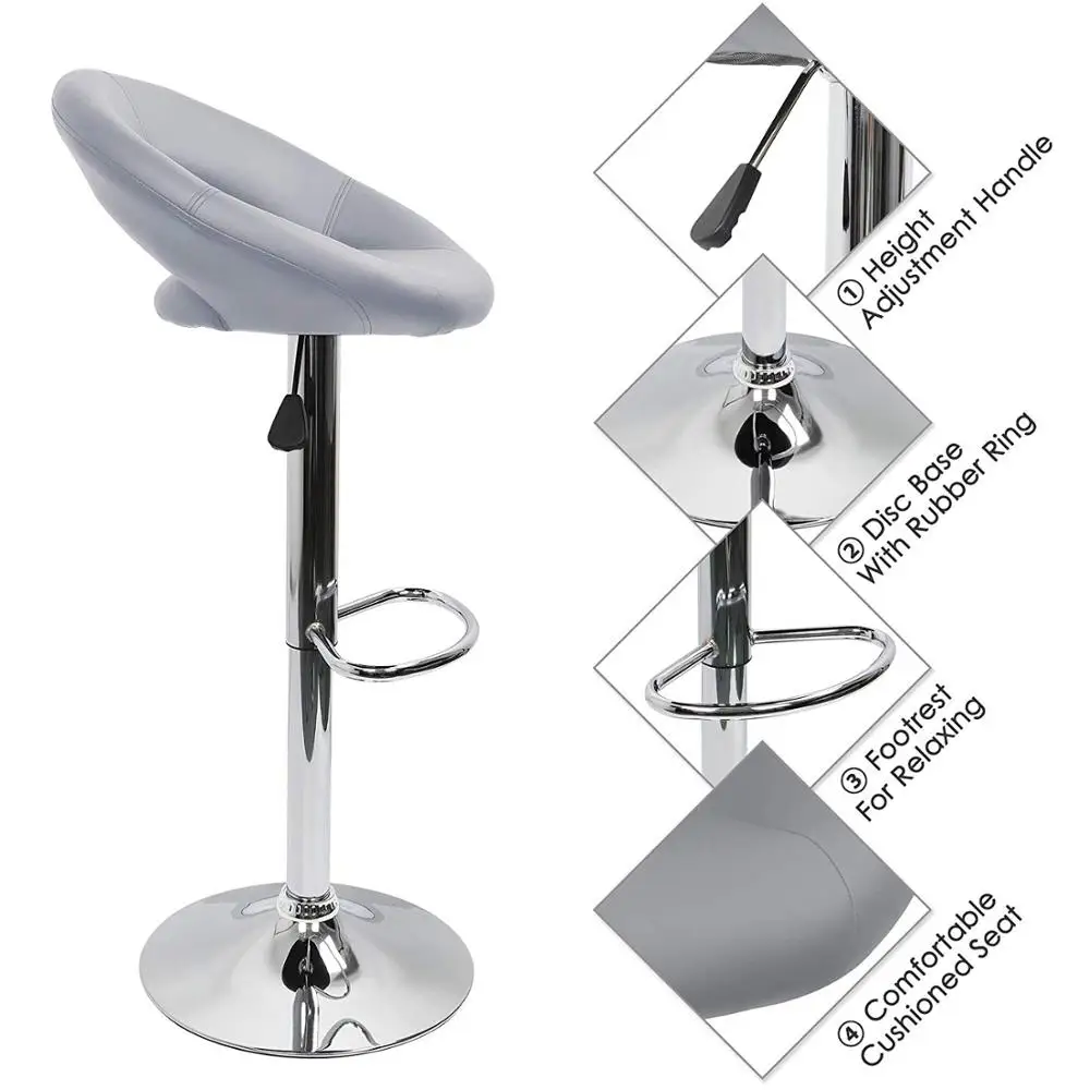 Adjustable Swivel Bar Stools Set of 2, Faux Leather Gas Lift Breakfast Kitchen Chairs with Crescent Shaped Back