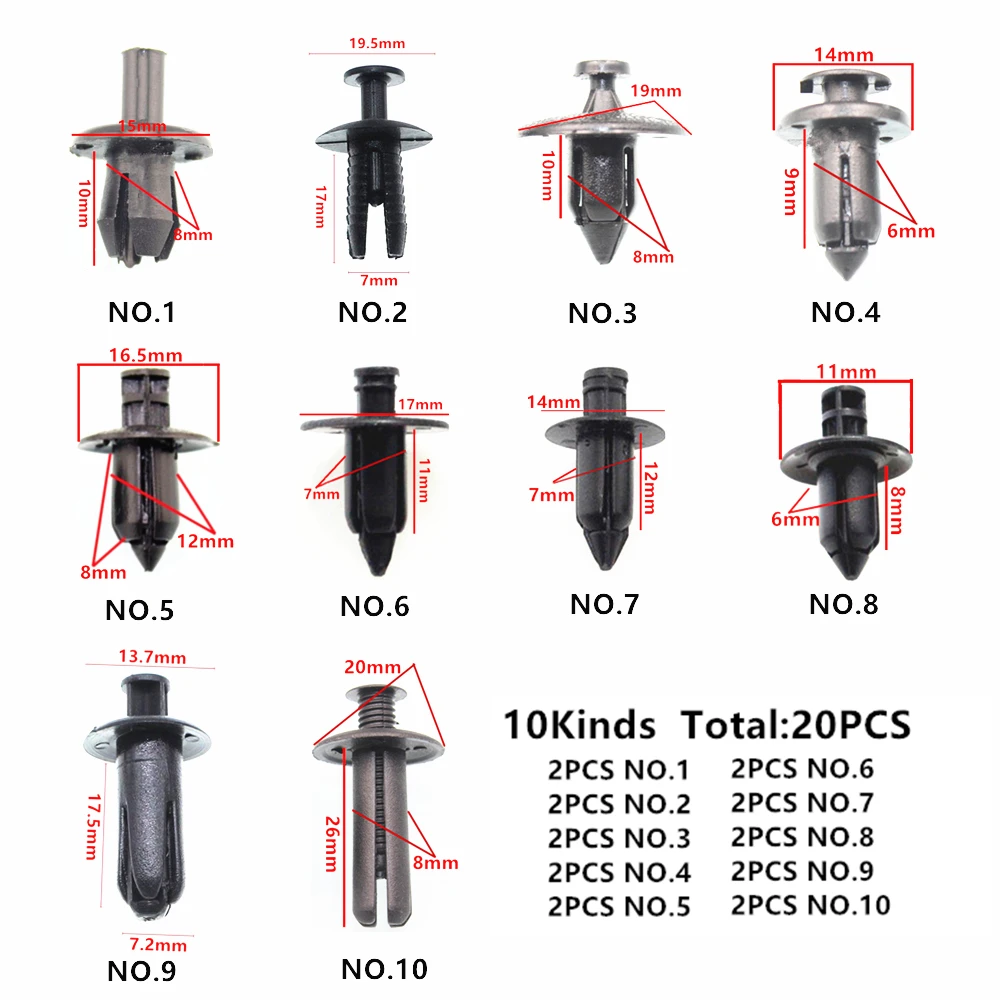 20 шт. смешанные универсальные 5 мм 6 мм 7 мм 8 мм 9 мм 10 мм отверстия пластиковые крепежные зажимы для всех автомобилей винтовые заклепки