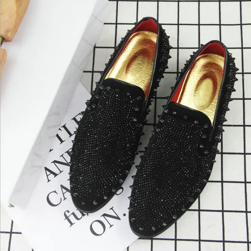 Mens Slip On Loafers Punk Rivets Rhinestones Driving Club Dress Shoes Casual New