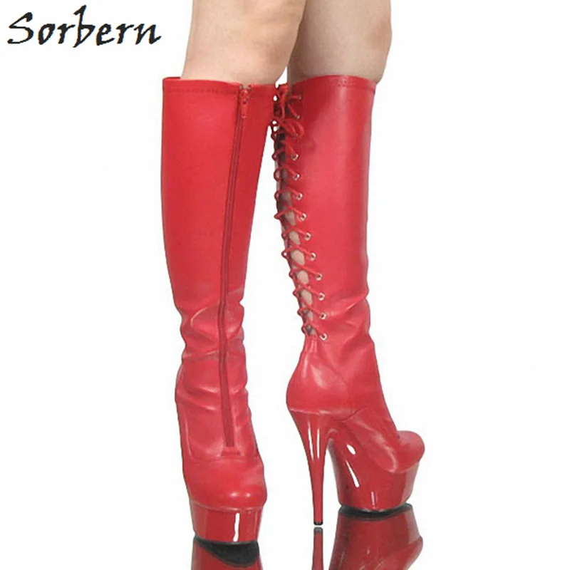 Sorbern Red Matt Zipper Front Knee High Boots Spike Heels Lace Up Back ...