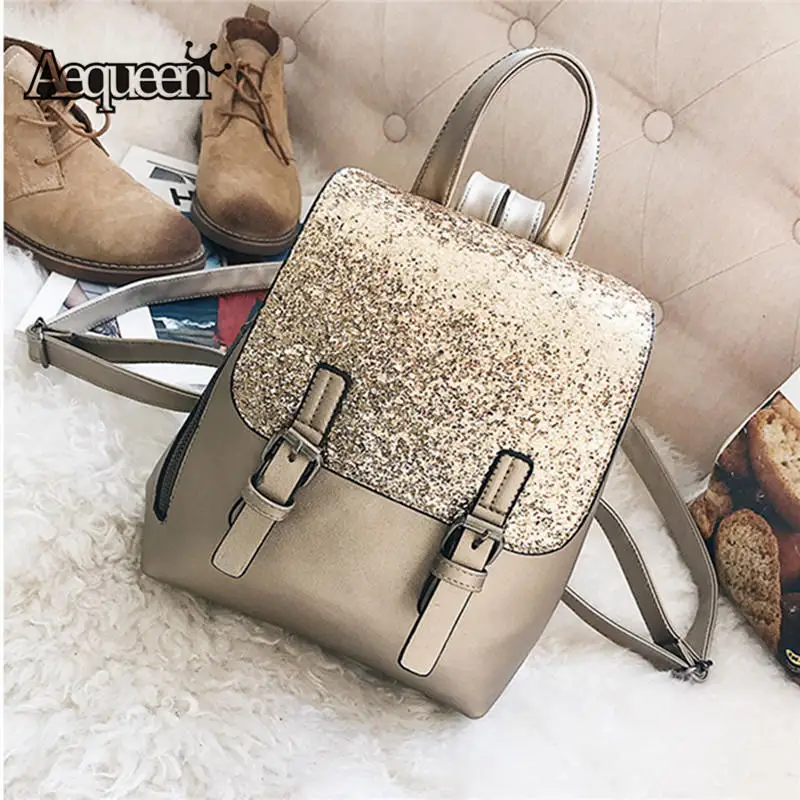 

AEQUEEN Sequin Backpack Women Leather Rucksack Female Mini Back Pack Small Schoolbags For Teenager Girls Mochila Pink Gold Bag