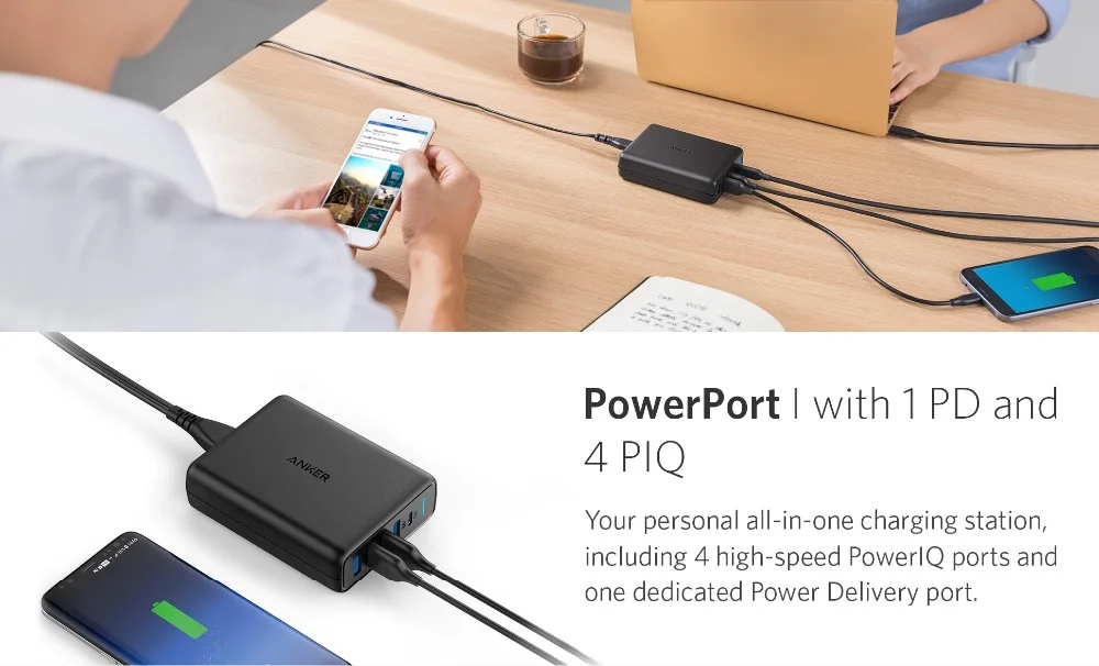 Anker USB C Premium 60 Вт 5-Порты и разъёмы Desktop Зарядное устройство с одним 30 Вт Порты и разъёмы для Apple MacBook Nexus 5X/6 P 4 PowerIQ Порты для iPhone iPad