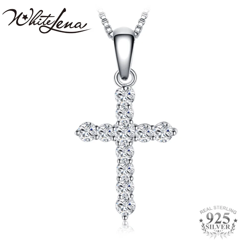 

WHITE LENA Pave 0.7ct Cubic Zirconia Cross Pendant Necklaces For Women Solid 925 Sterling Silver Box Chain 45cm Fashion Jewelry