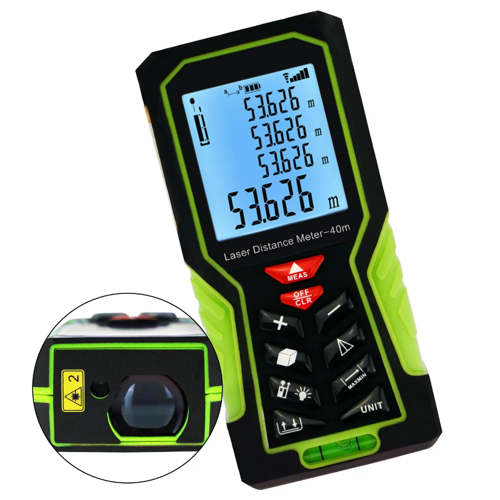 

Laser Distance Meter 40M 70M 100M Range w/ Backlight Spirit Bubble Level Area Volume Pythagorean Single Continous Measurement