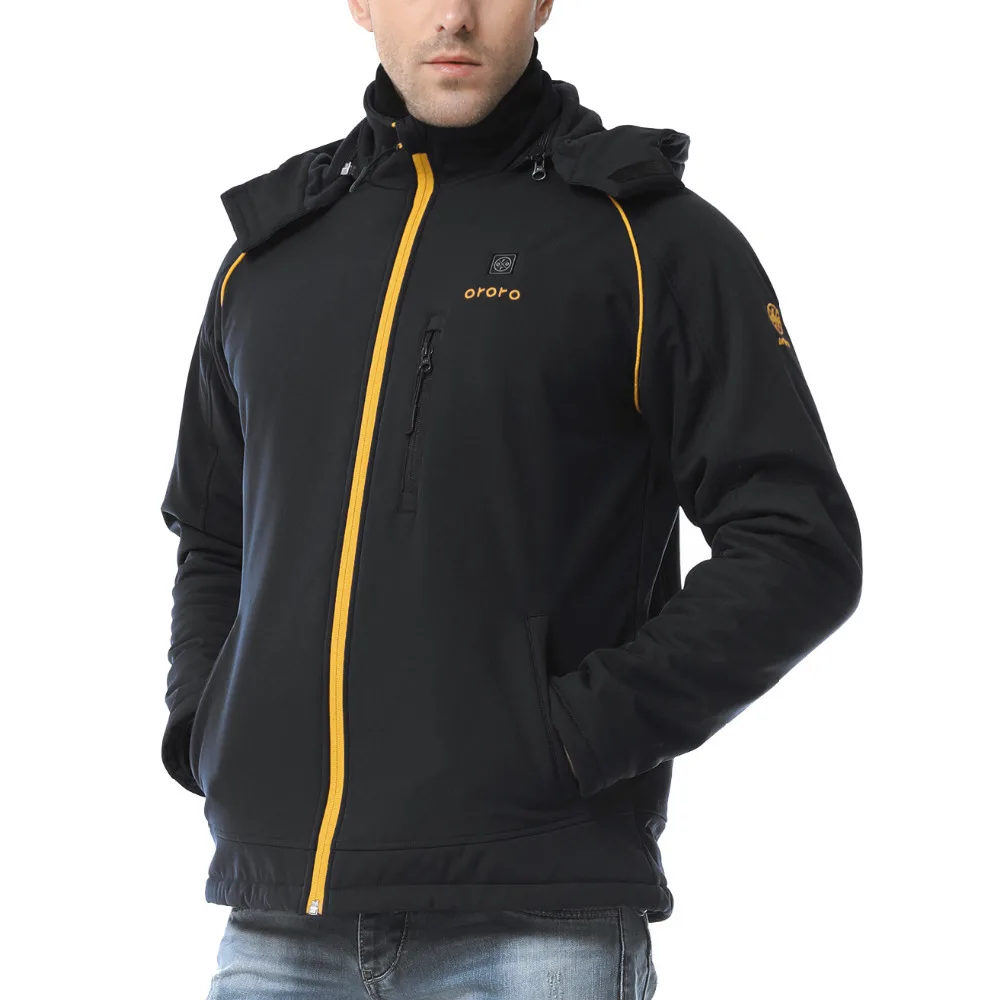 ORORO Men's Heated Jacket Soft Shell Detachable Hood Electric Battery