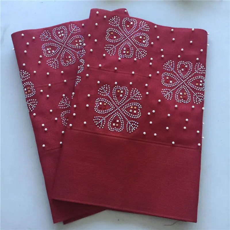 

African Nigerian aso oke with full stones 2pieces good quality red aso oke lace fabric hot selling fashion new design