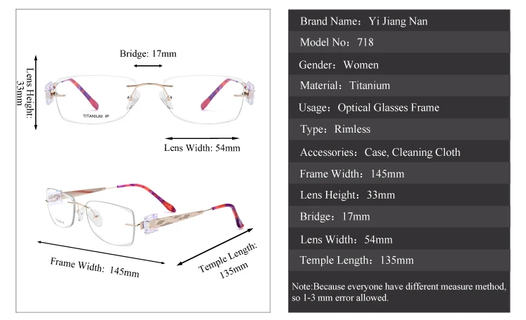Yi Цзян Нань бренд алмазов отделан без оправы Титан Оправы для очков Для женщин модные золотые очки с прозрачными линзами