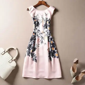 

Casual Style Flower Print Women Dress Elegant O-Neck Sleeveless A-Line Dresses
