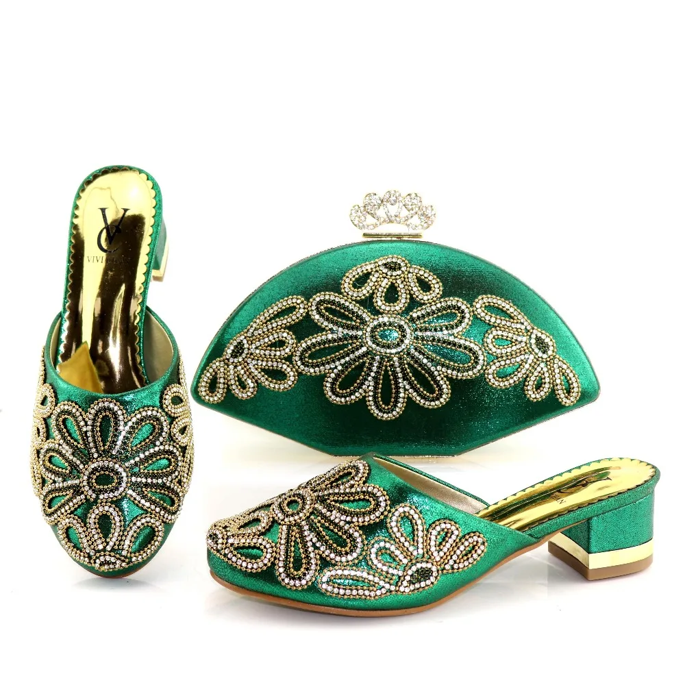 Elegant green low heel 2 inches shoes and bag to match african italian
