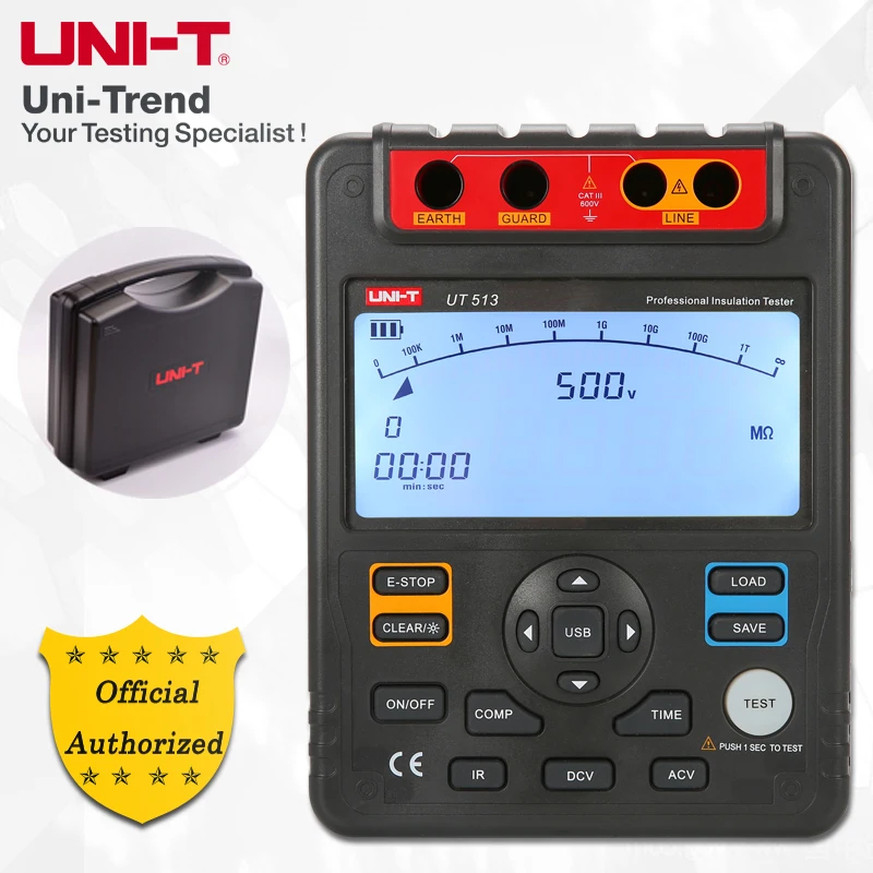 

UNI-T UT513 Insulation Resistance Tester; 5000V Megohmmeter, Data Storage/Analog Bar Graph/DAR/USB Data Transfer/LCD Backlight