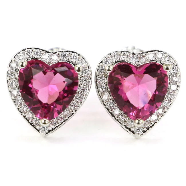 Роскошное сердце розовый турмалин натуральный CZ подарок на день Святого Валентина серебряные серьги-гвоздики 12x12 мм