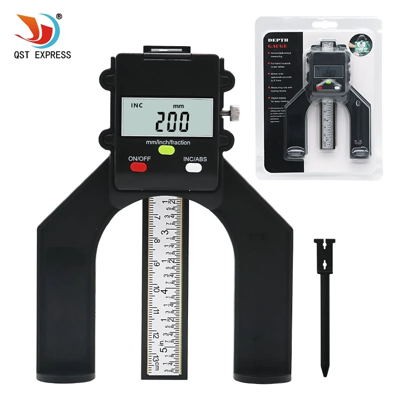 QSTEXPRESS Digital Depth Gauge Digital Tread Depth Gauge LCD Magnetic Self Standing Aperture 80mm Hand font