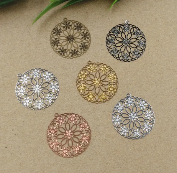

26mm 50pcs DIY Copper Antique Bronze/Silver/Gold/Black Hollow Computer etching flower slice Vintage Filigree Earrings