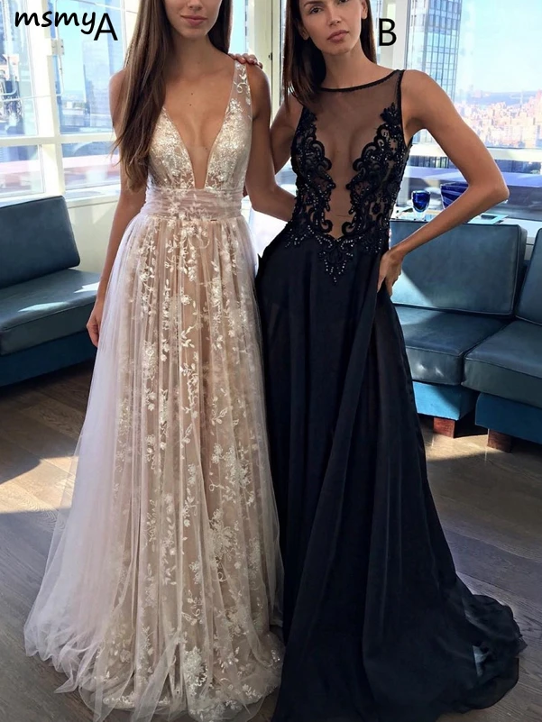 New A-Line Elegant Prom Dresses V-Neck Sleeveless Backless Evening Dress Floor Length Lace and Appliques Custom Made | Свадьбы и