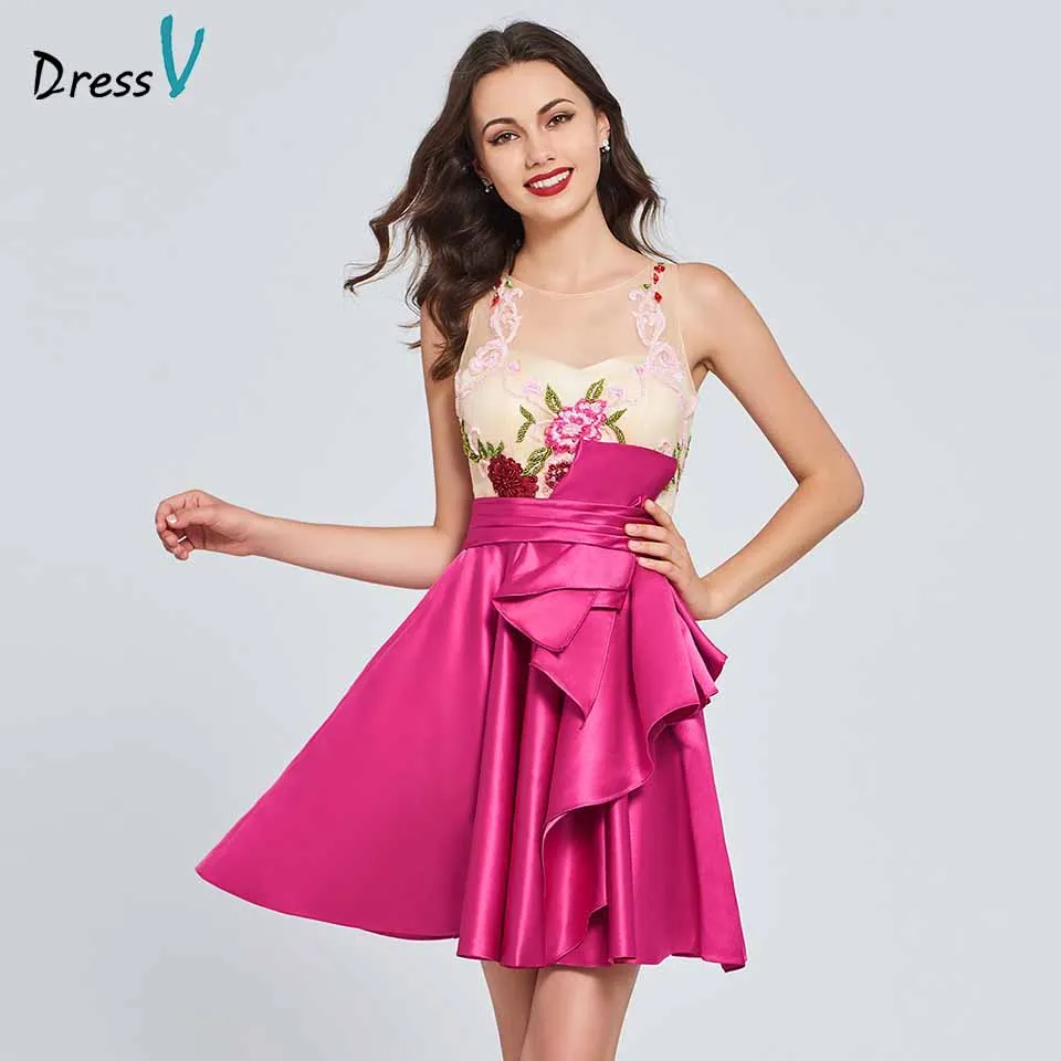 Dressv fuchsia a line elegant dress appliques pleats ruffles