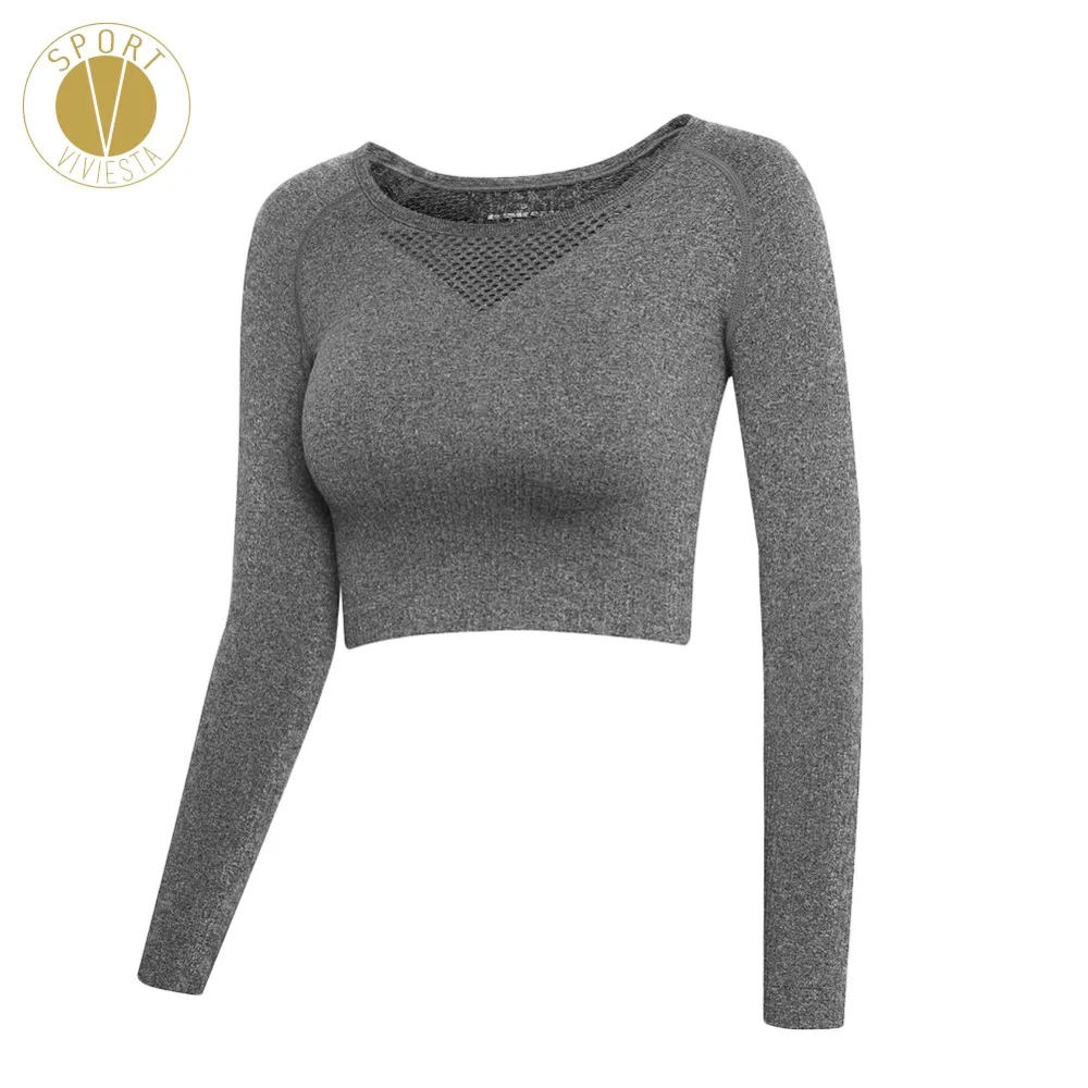 

Laser Cut Rib Long Sleeve Crop Top Women's Yoga Gym Outdoor Running Exercise Sports Sexy Slim Fit Stretch Tee Shirt T-shirt