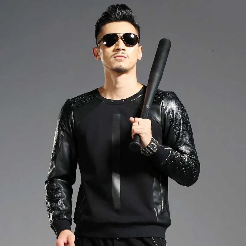 New Fashion PU Zipper Sleeve Hoodie Jacket Korean Style Men's Sweatshirt Casual Slim Pullover Jacket Spring Autumn Male Clothing