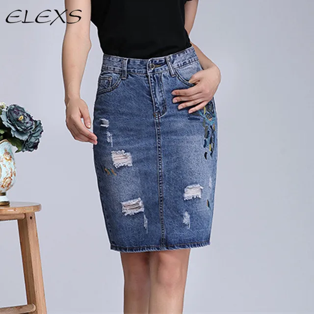 ELEXS 2017 Summer Embroidered Denim Zipper Skirts Women Ripped Holes