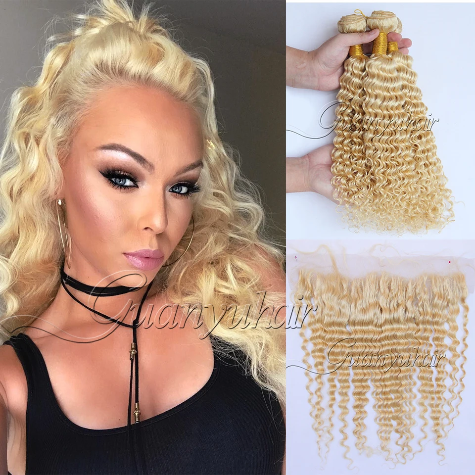 

Guanyuhair 613 Blonde Peruvian Deep Wave 3 Bundles With 13X4 Lace Frontal Closure Remy Human Hair Weave Platinum Blonde Bundle