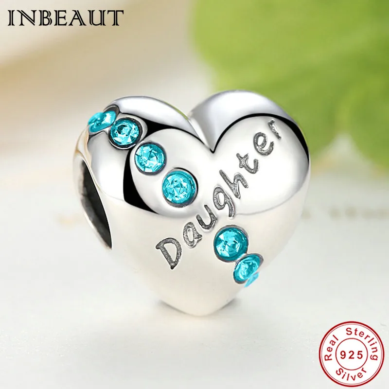 

Wholesale Family Heart Charms fit Pandora Bracelet 100% Real 925 Sterling Silver Sea Blue Zircon Paved Daughter Alphabet Beads