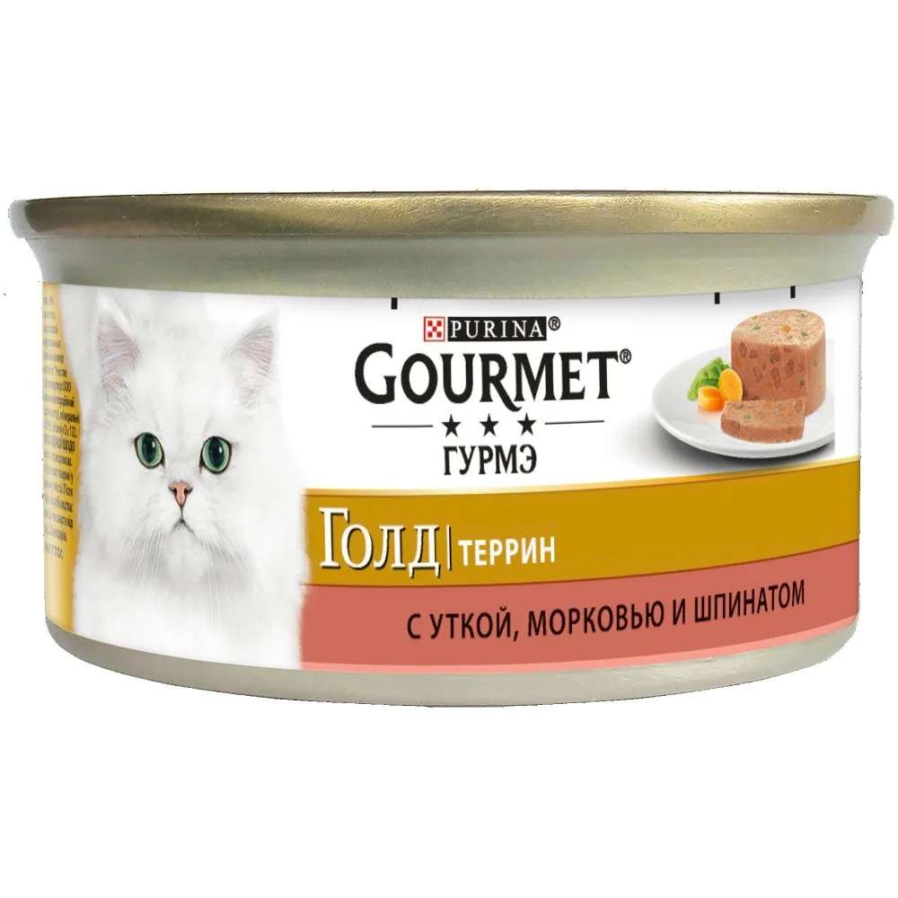 Влажный корм Gourmet® Гурмэ Голд Террин(кусочки в паштете) для кошек с уткой, морковью и шпинатом по-французски, Банка, 24х85 г