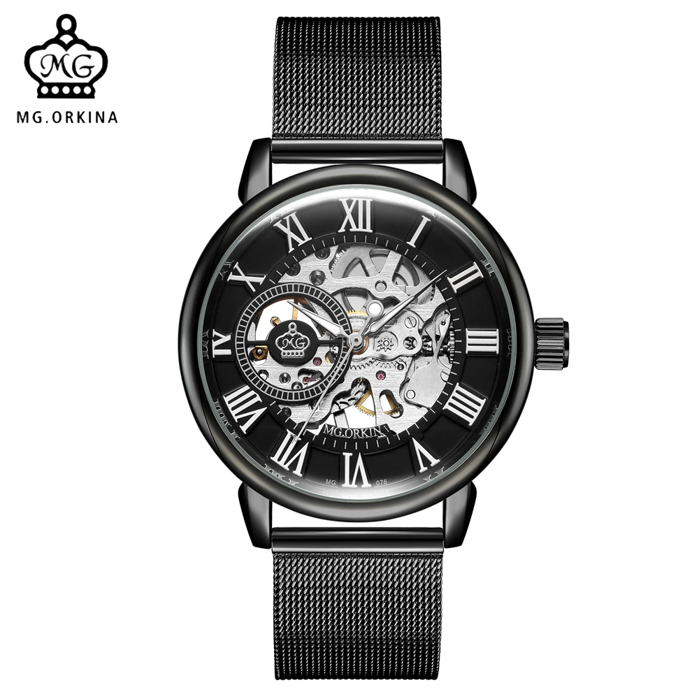 

ORKINA Simple Minimalist Wristwatch Mechanical Skeleton Dial Orologio Uomo Mesh Band Male Clock Relogio Masculino