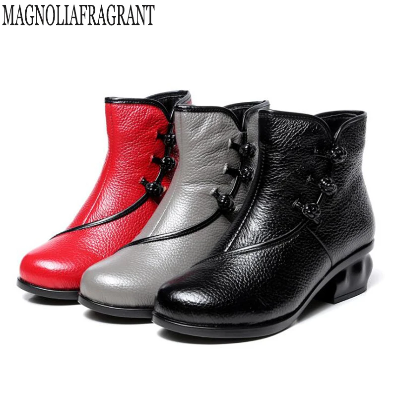 

women's boots Genuine Leather Platform Women Ankle Boots Soft Leather Thick high Heel Boots Winter Autumn Boots Warm snow boots