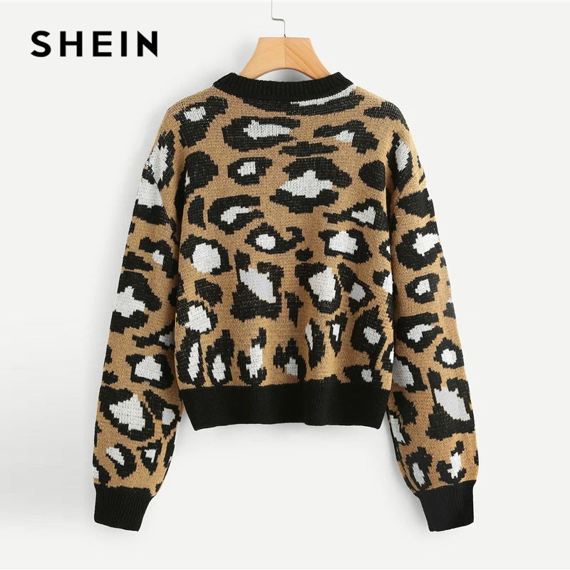 Goedkoop SHEIN Multicolor Elegante Preppy Luipaard Print Ronde Hals Office Lady Jumper Nieuwe Herfst Vrouwen Campus Highstreet Truien Trui