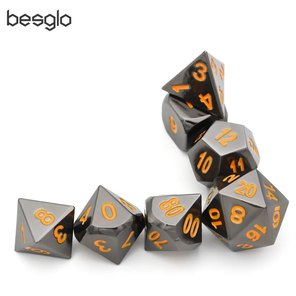 Goede Zwart Chroom Metalen RPG Set met Oranje Nummers voor Dungeons And Dragons RPG Dobbelstenen Gaming en Wiskunde Onderwijs Dobbelstenen Pouch
