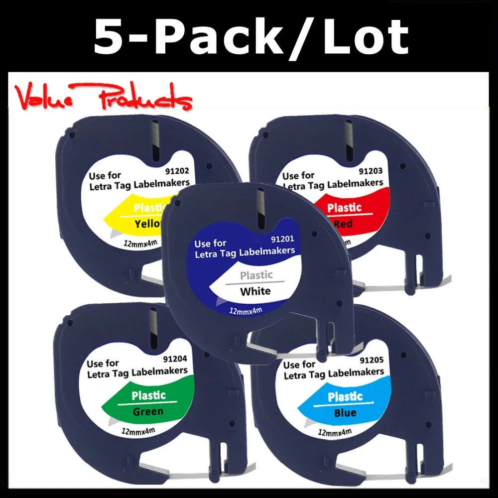 

VP 5-Pack Compatible DYMO LetraTag Label Tape 91201 91202 91203 91204 91205 12mm Plastic Tape for DYMO LetraTag Label Maker