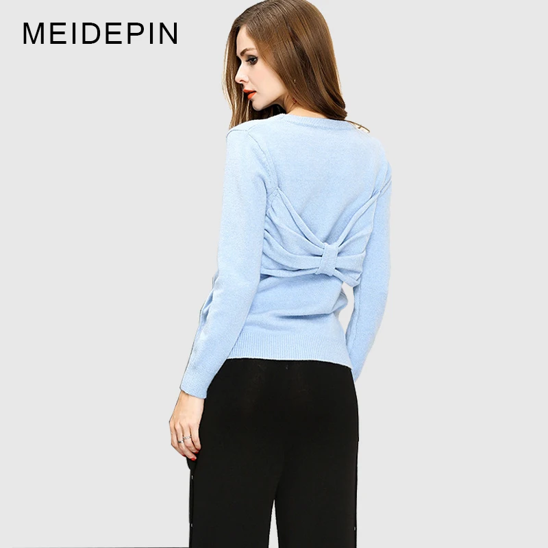 Spring Autumn Elegant Women Fashion Pullovers Sweaters Solid Color Bow