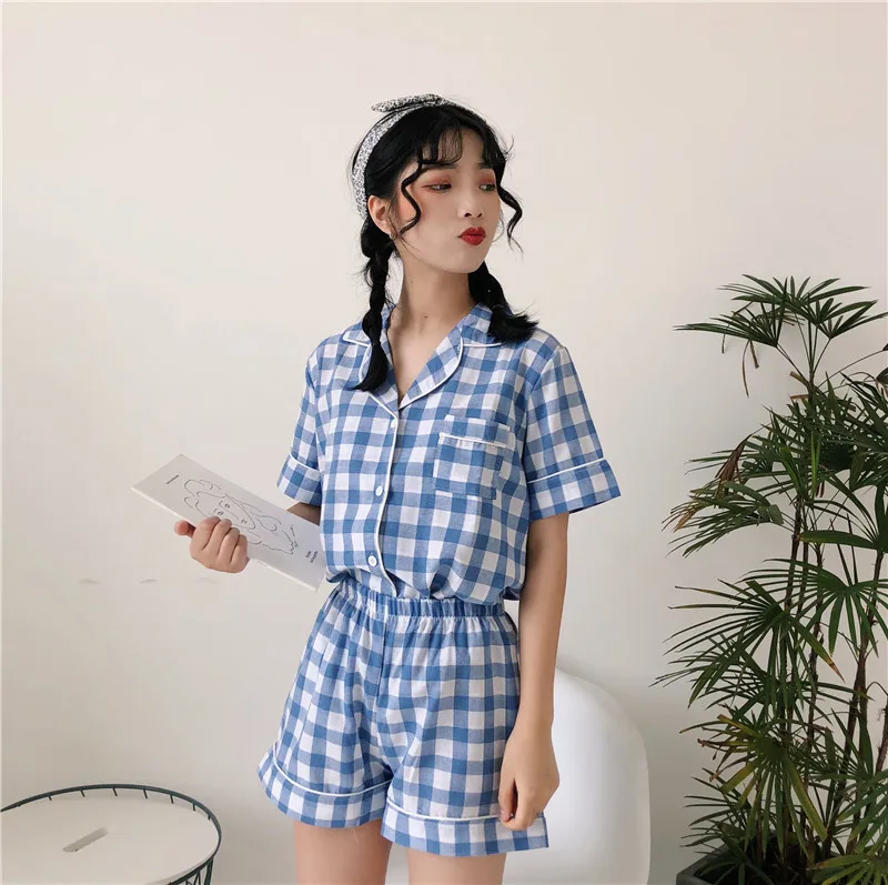 Fdfklak корейский женский пижамный комплект с коротким рукавом клетчатая Летняя женская летняя Пижама Ночное белье домашний костюм pijama mujer