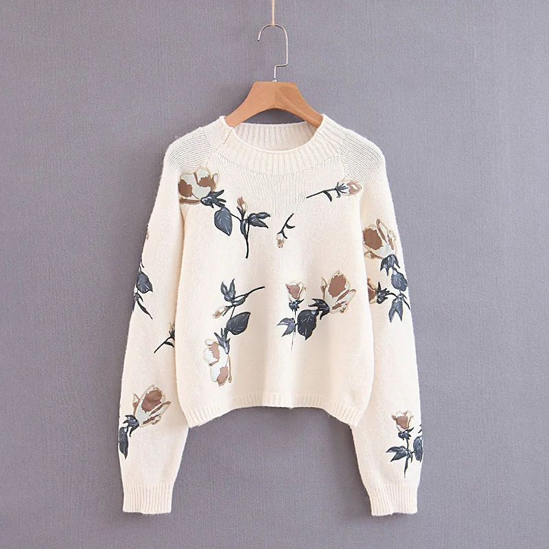 

Spring Sweet Acrylic Female Sweater Loose Autumn Floral Embroidery Knitted Pullover For Women