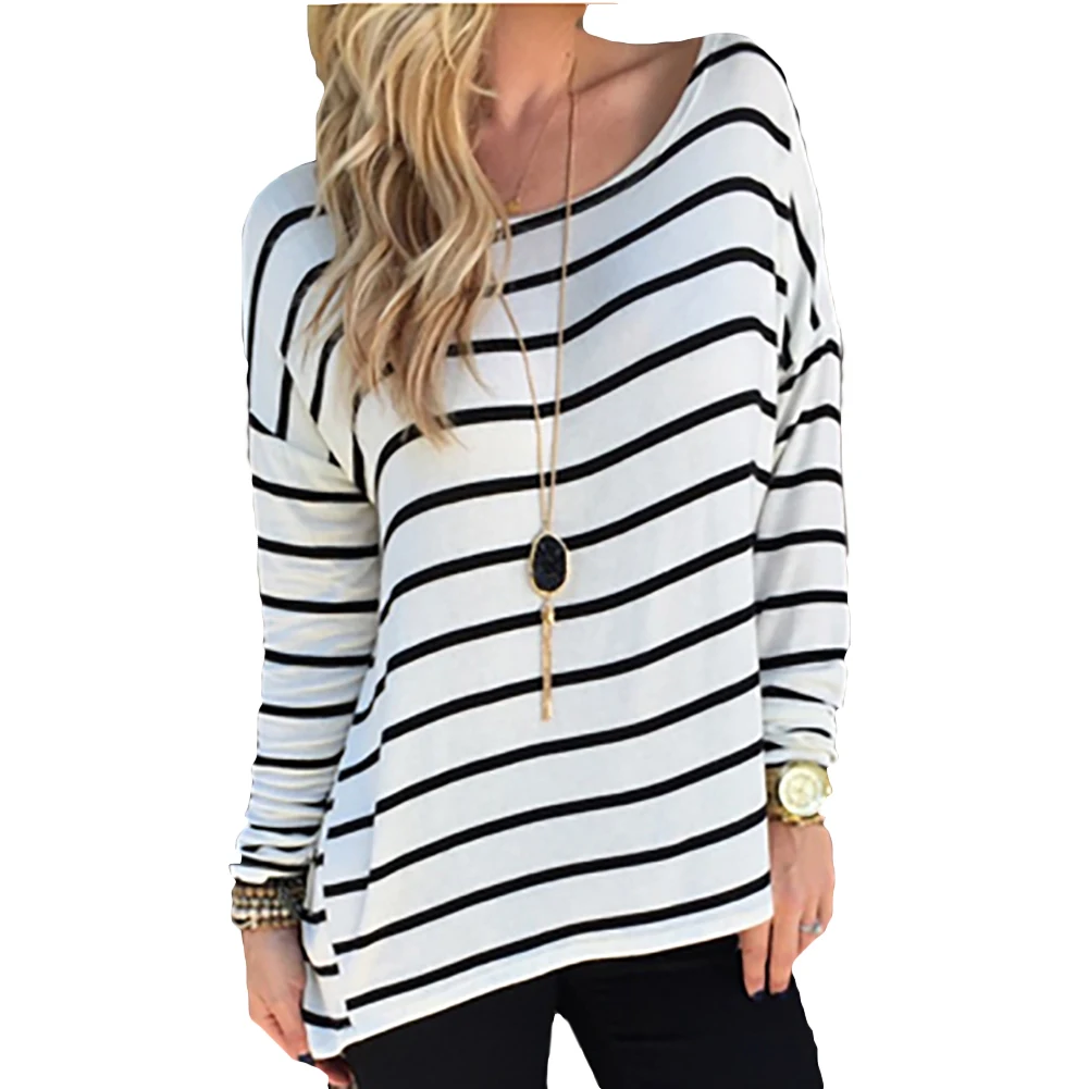 New Fashion Women Striped T shirt Long Sleeve Loose Spring Autumn Tops