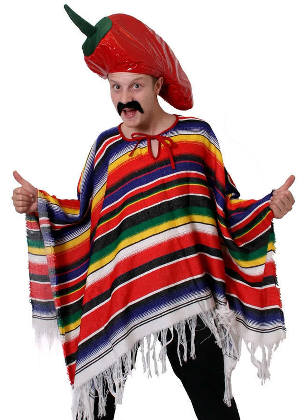 MEXICAN MAN CHILL HAT COSTUME MULTI-COLOURED STRIPED PONCHO MEXICO PARTY  WILD WESTERN BANDIT FANCY DRESS WEST OUTFIT ONE SIZE