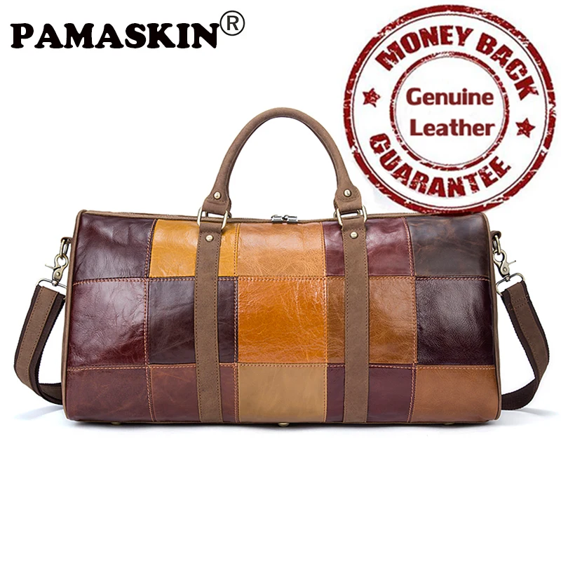 

PAMASKIN Brand Travel Bags Premium Genuine Leather Fashion Patchwork Design Colorful Men Travel Bag Messenger Bags with Handle