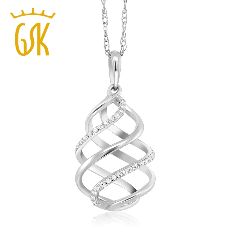 GemStoneKing 10K White Gold Jewelry Round Cut Natural White Diamond Swirl Pendant Necklace For Women