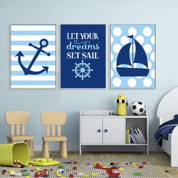 

Navy Blue Nautical Sailboat Anchor Nursery Decor Canvas Painting Wall Art Poster Print Pictures for Kids Bedroom Home Decor