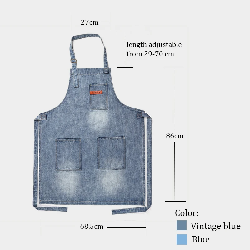 WEEYI Washable Shop Denim Apron with 3 Pockets Unisex Fits Small to XXL Vintage  Blue Homewear Workwear 34x27 Inches  (7)