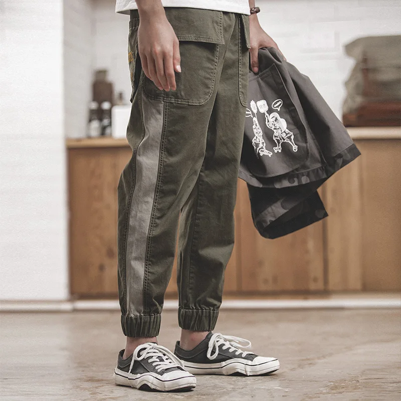 Maden большой карман мужские брюки до щиколотки брюки одежда японский стиль сафари армейский зеленый пэчворк цвет повседневные эластичные