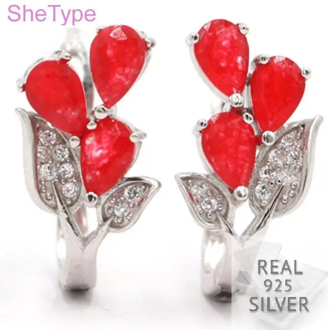 

SheType 5.0 Elegant Real Red Ruby Flower White CZ Gift Girls 925 Solid Sterling Silver Earrings 20x11mm
